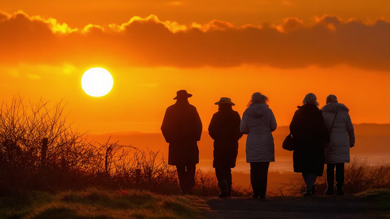 Silhouetted Figures Strolling Into the Golden Sunset, Capturing the Essence of Nature's Beauty and the Tranquility of an Evening Walk Together