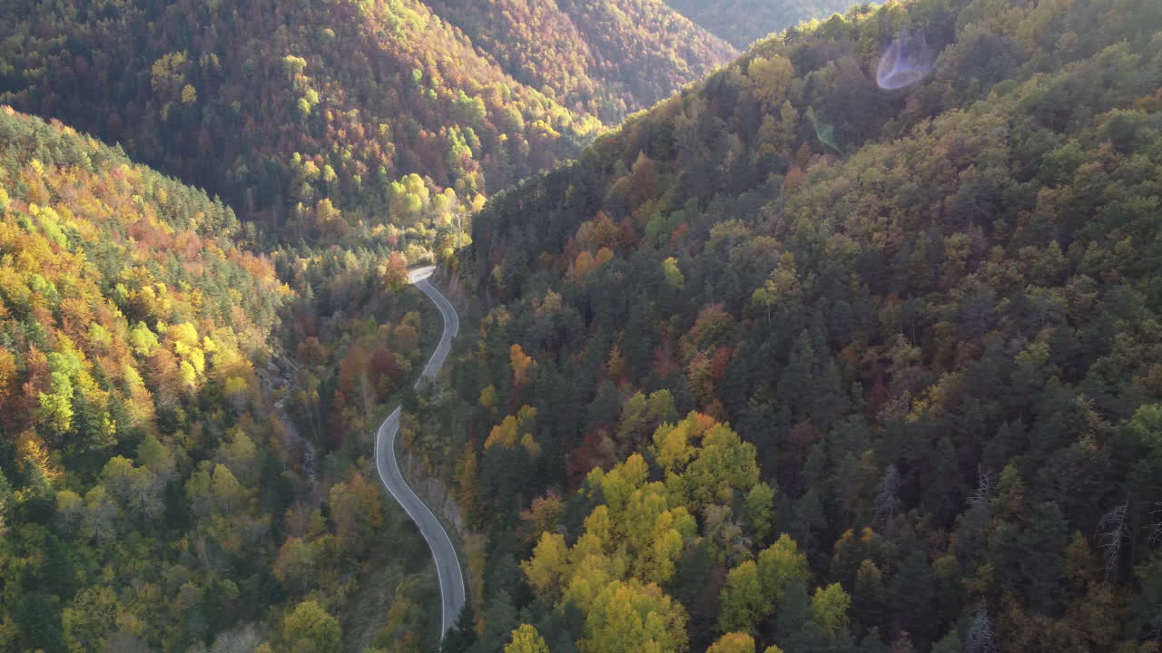 imágenes aéreas sobre la carretera escénica de los pirineos y el bosque de montaña en otoño en el norte de españa durante la hermosa puesta de sol