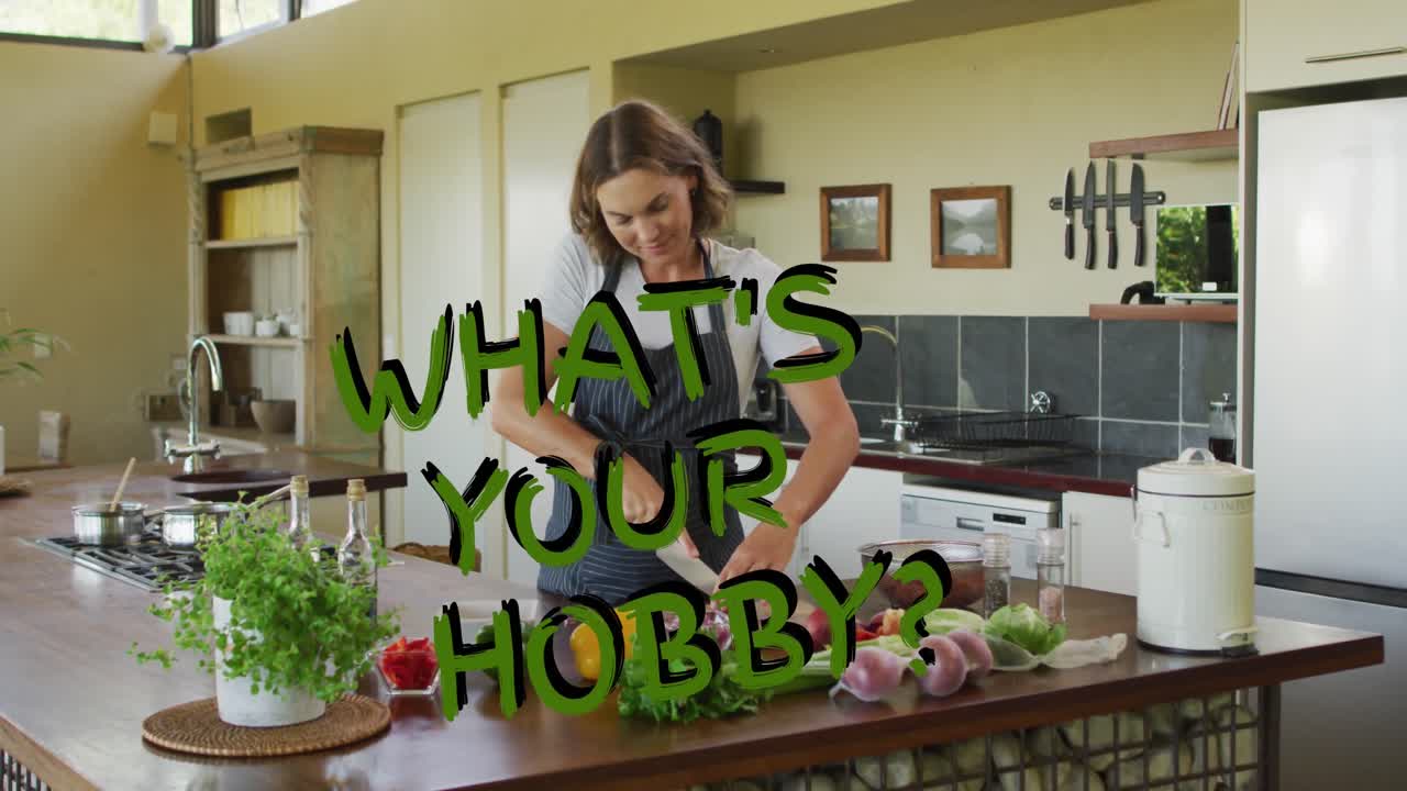 Animation of what's your hobby text over caucasian woman preparing veggies in kitchen