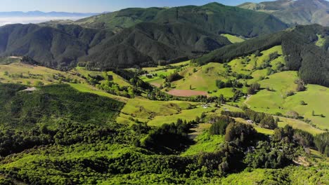 Aerial-view-of-Takaka-hill-valley,-covered-in-bright-green-and-lush-vegetation,-New-Zealand,-on-a-sunny-day