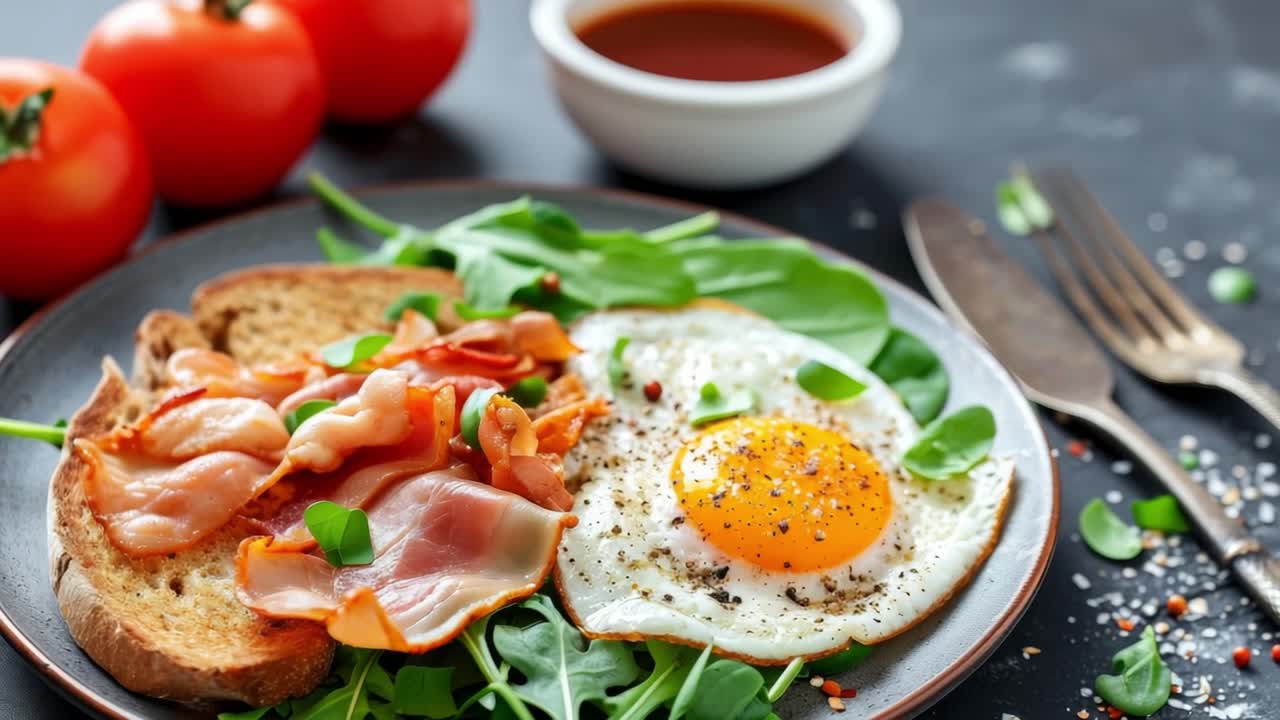 Healthy breakfast including fried egg, bacon, arugula, tomatoes and a small white bowl with sauce, served on a gray plate and placed on a dark surface