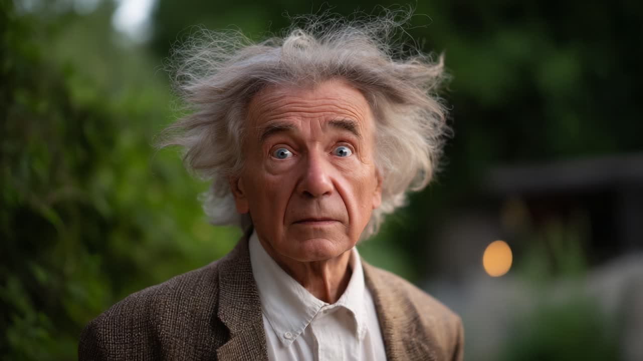 Un uomo anziano con capelli arruffati e occhi spalancati si erge su uno sfondo verde, catturando un momento di sorpresa in un ambiente sereno