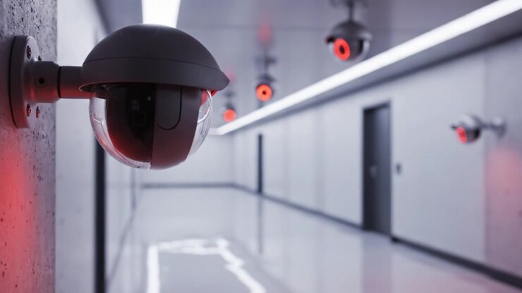 A High-Tech Surveillance Environment Featuring Multiple Security Cameras with Illuminated Red Lights Monitoring an Immaculate Hallway in a Modern Facility