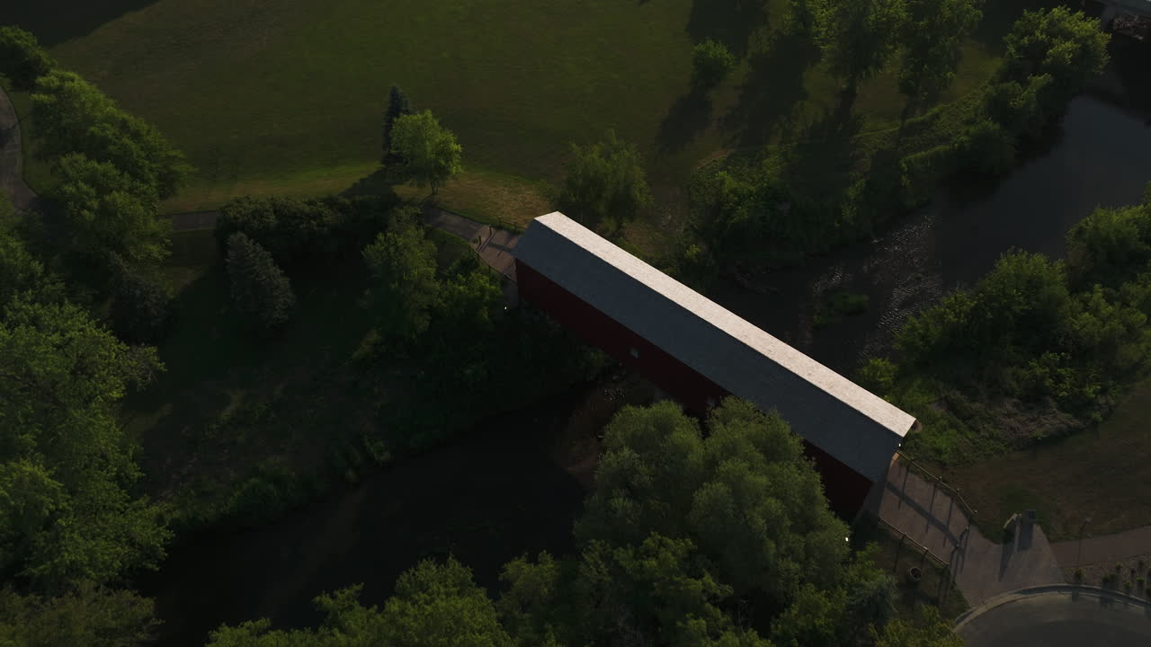 Aerial View Of Zumbrota Covered Bridge In Covered Bridge Park, Zumbrota, Minnesota, USA