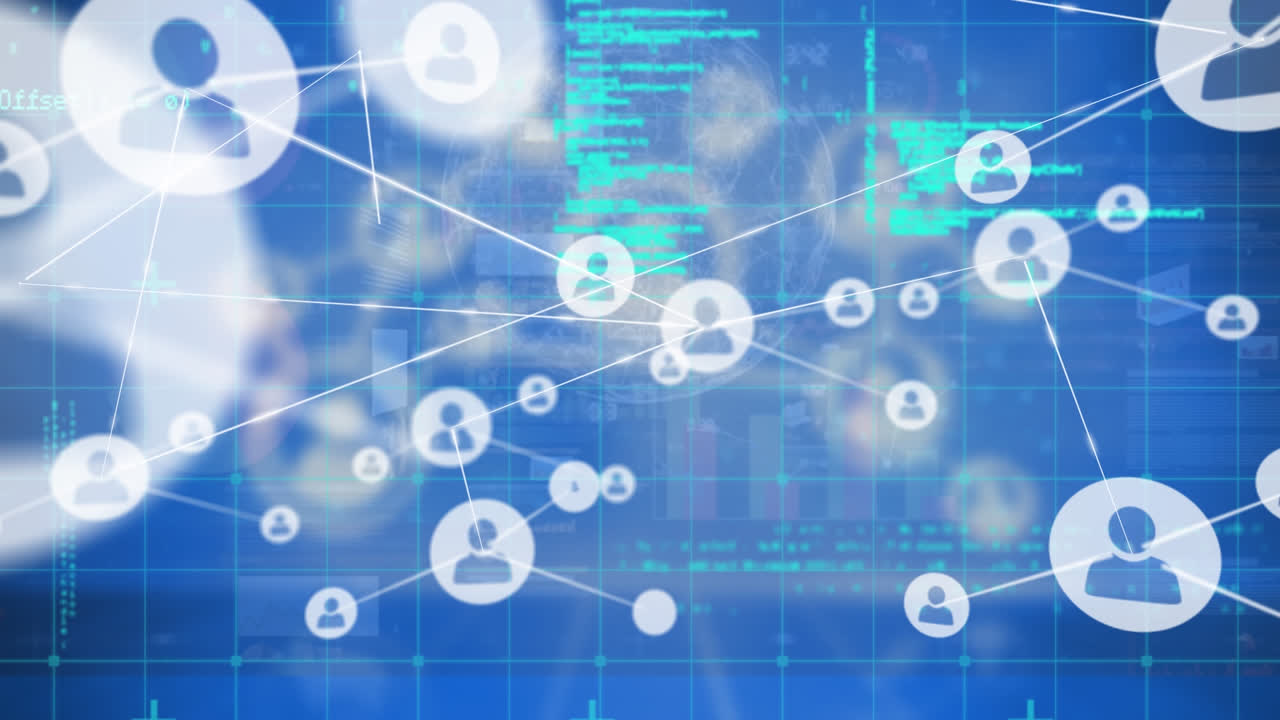 프로필 아이콘 네트워크의 애니메이션과 파란색 배경에 대한 데이터 처리