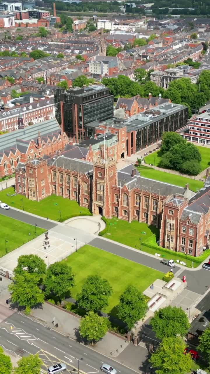 Tight rotating social ratio aerial video of Queen’s University Belfast on a bright and sunny afternoon. Produced in 1080x1920, 30FPS and with Rec709 color