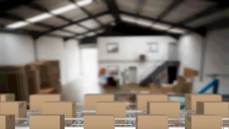 Animation-of-cardboard-boxes-moving-on-conveyor-belts-over-warehouse