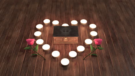 Candles-in-a-heart-formation,-roses-and-a-box