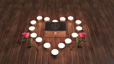 velas en una formación de corazón, rosas y una caja