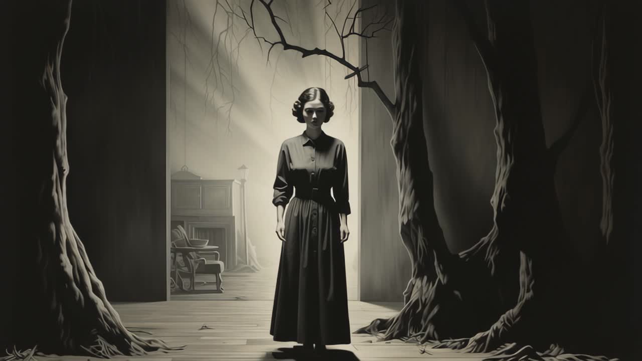 Mysterious woman in dark room surrounded by twisted trees