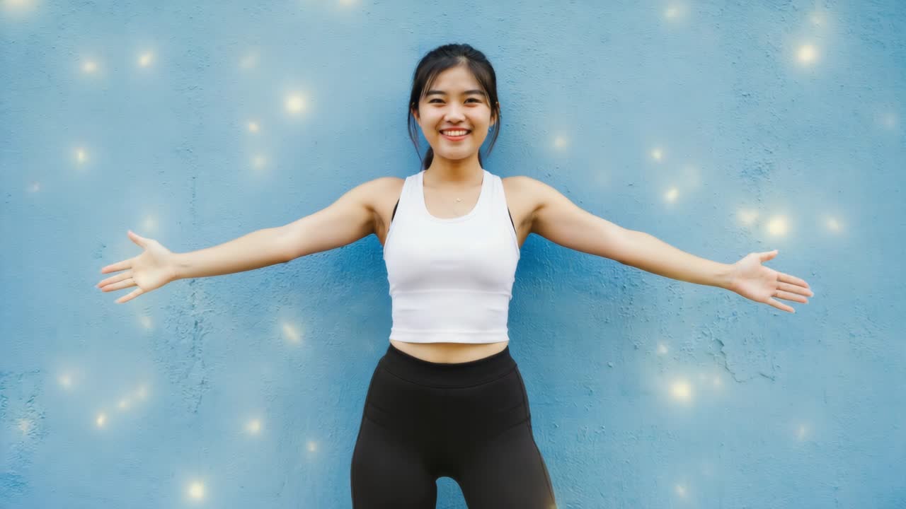Female fitness trainer spreading muscular arms, glowing with dynamic energy, surrounded by luminescent particles against electric blue backdrop, representing strength and personal wellness