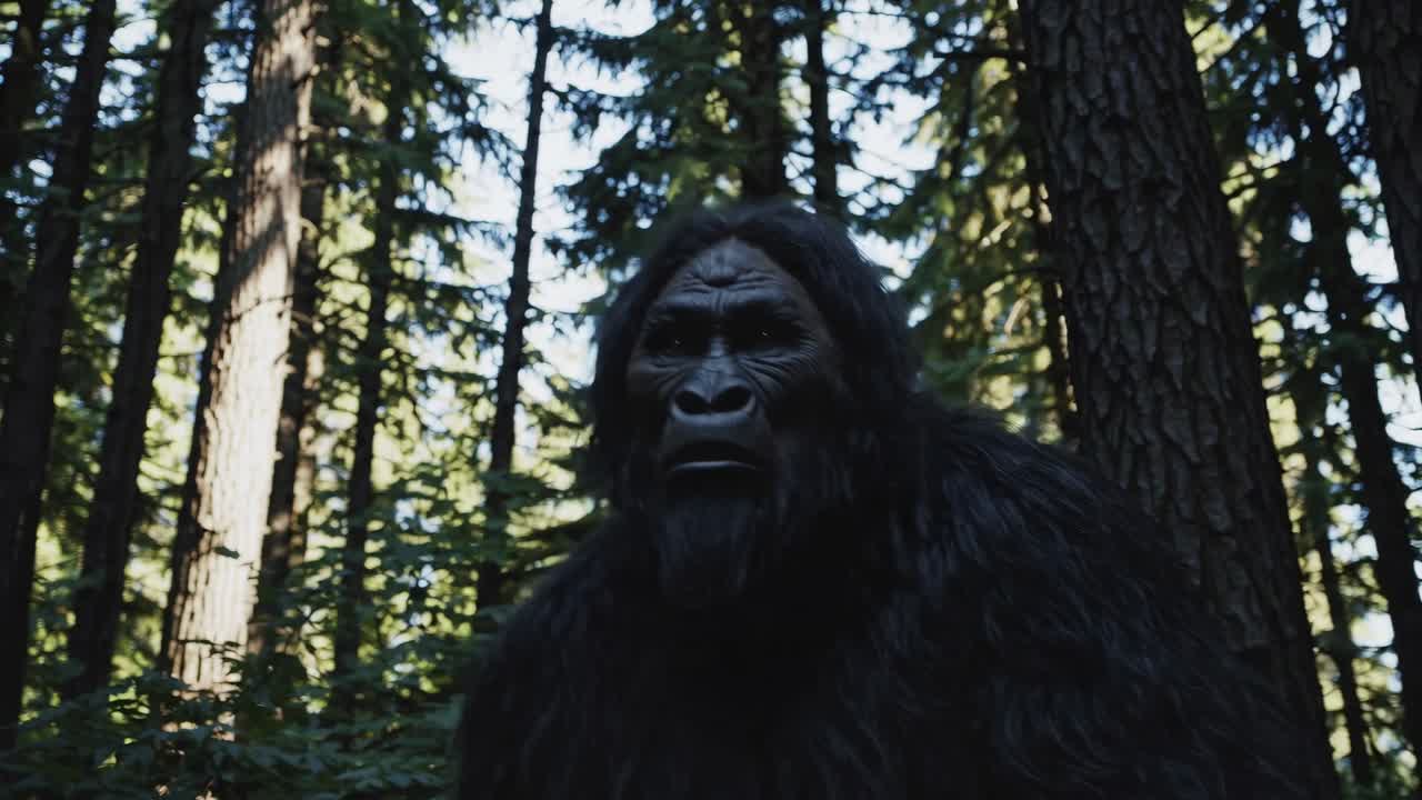 En video tatt i lav vinkel av en mystisk skapning i en tett skog som fanger en uhyggelig