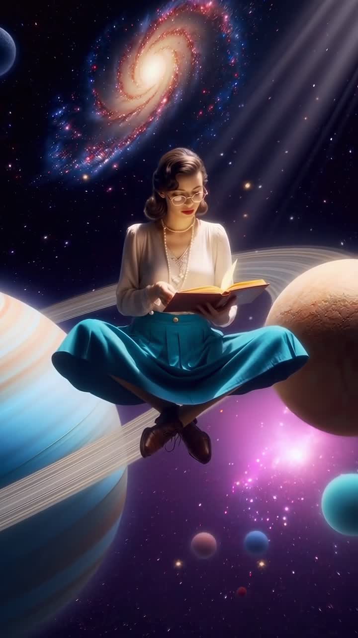 Um vídeo estilo vintage de uma mulher lendo no espaço, capturado de um ângulo baixo, rodeada por planetas