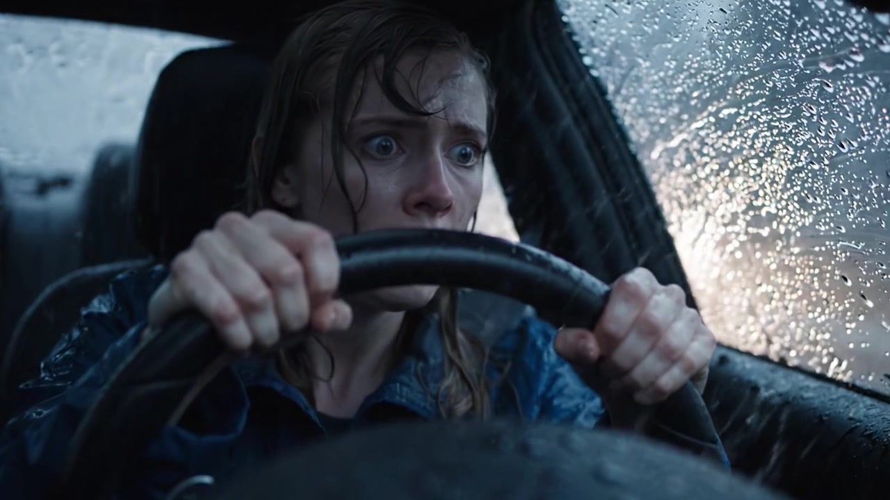 Atrapado en una tormenta: Un momento de miedo y tensión mientras un conductor lucha contra la lluvia intensa y la visibilidad reducida, agarrando el volante con una expresión de pánico en su rostro.