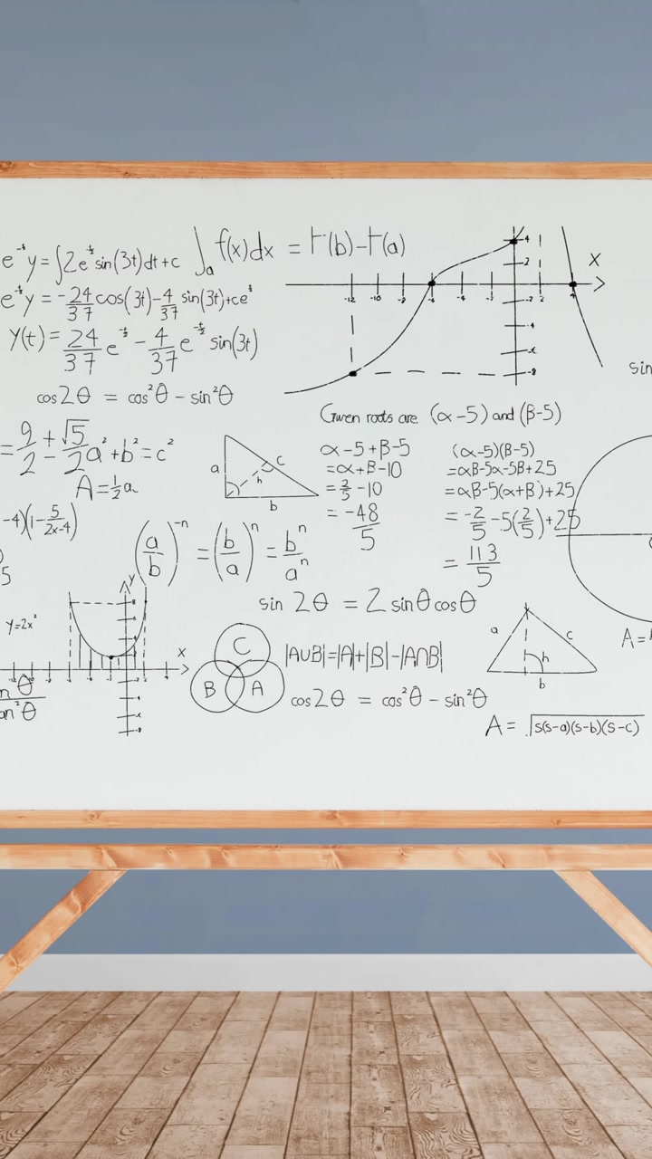Mathematical equations and figures in a whiteboard