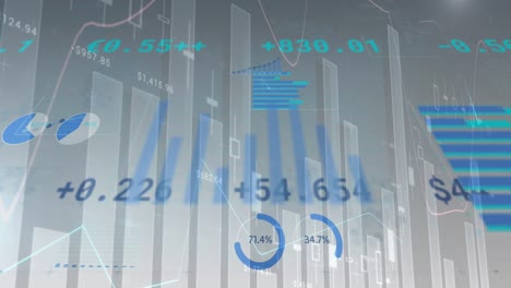 Animation-Mehrerer-Diagramme-Mit-Zahlen-Und-Handelstafel-Auf-Grauem-Hintergrund