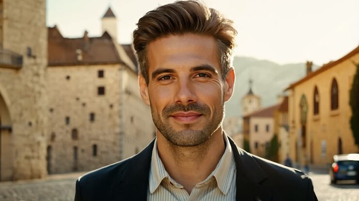 Uomo affascinante che sorride in una città medievale