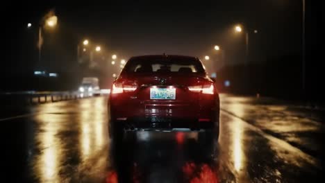 a glimmering red sedan navigates a rain-slicked road at night, capturing the essence of urban serenity and adventure in a rainy drive