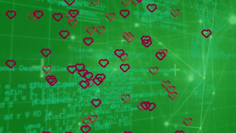 Animation-of-pink-heart-icons-over-network-of-connections-and-data-processing-on-green-background