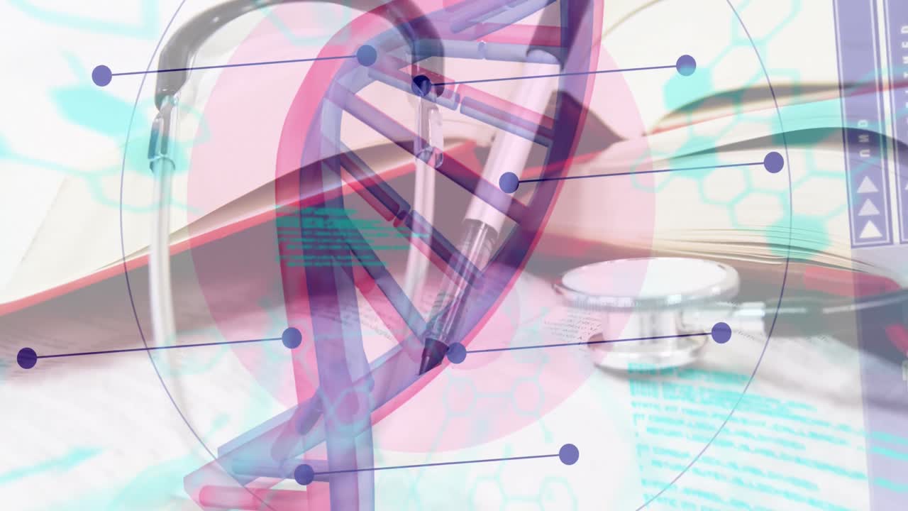 Animation of dna strand spinning over doctor's stethoscope