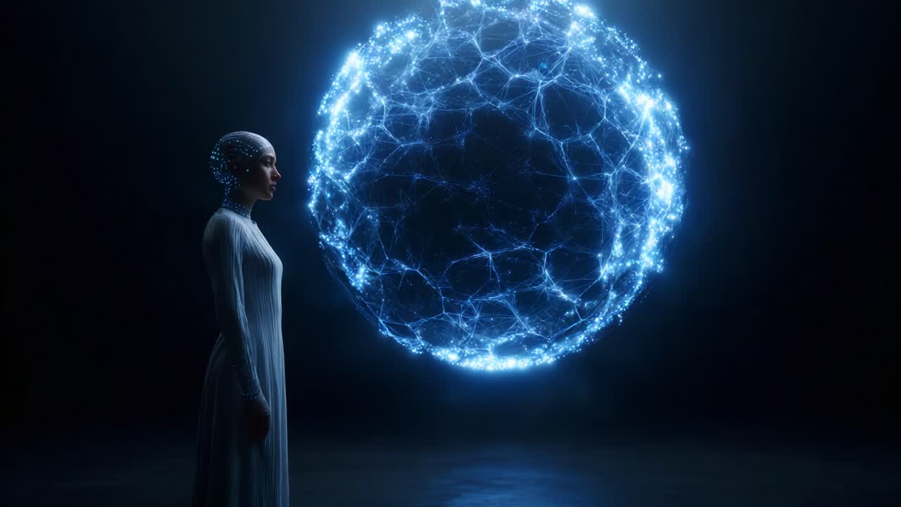 Un viaggio mistico: un essere etereo in uno spazio trascendente connesso a una sfera di luce ed energia radiosa, a simboleggiare conoscenza e tecnologia