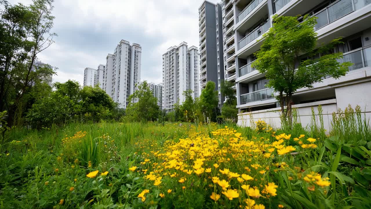 Uma combinação serena de estruturas urbanas e vegetação vibrante, com edifícios residenciais altos cercados por flora exuberante e flores amarelas desabrochando em um ambiente tranquilo