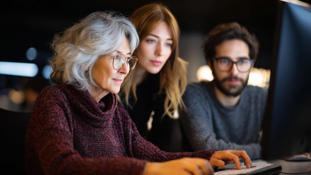 An Inspiring Interaction: A Multigenerational Collaboration as a Senior Woman Engages with Technology, Supported by Two Younger Colleagues in a Modern Workspace