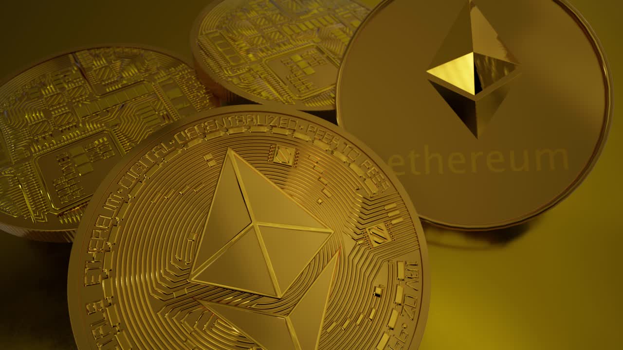 Bitcoin Btc Coin And Ethereum Eth Coins With Gold Background. Digital Crypto Coin And Cryptocurrency. Concept Of Exchange Market And Online Trading