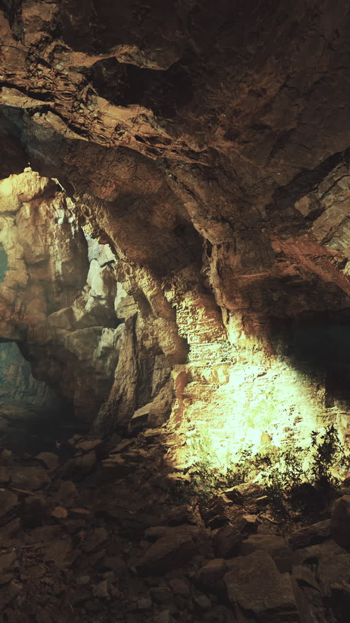 Mysterious cave illuminated by natural light in rocky underground landscape