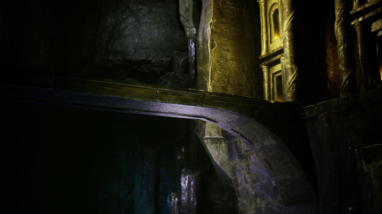 Mysterious underground passage illuminated by soft eerie lights