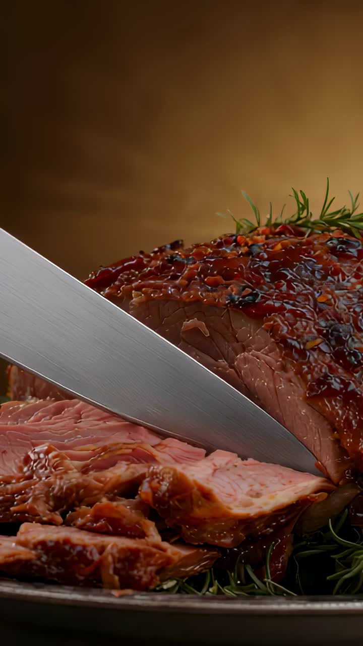 Vertical video: Knife entering from left slicing glazed roast on platter, serving rosemary slices