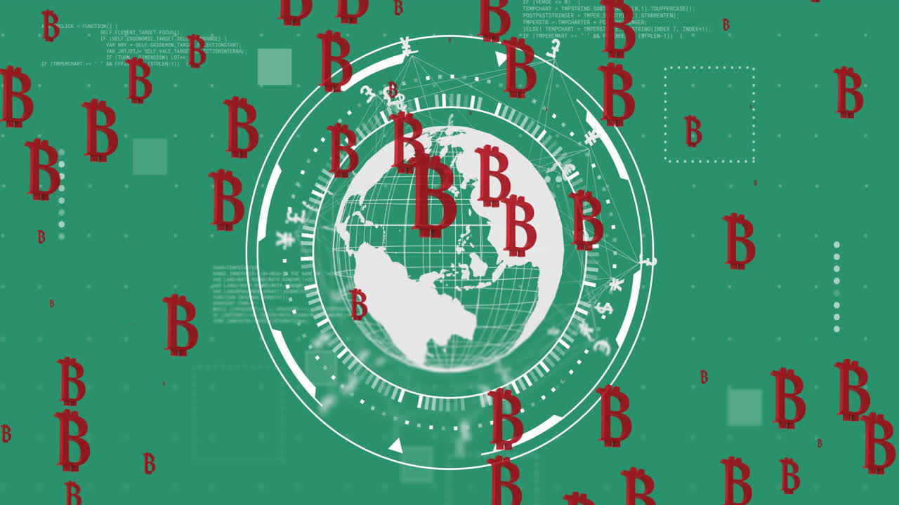 녹색 배경에 비트코인 기호와 지구의 애니메이션
