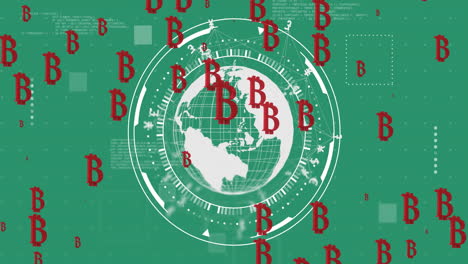 animación de los símbolos de bitcoin y el globo sobre fondo verde