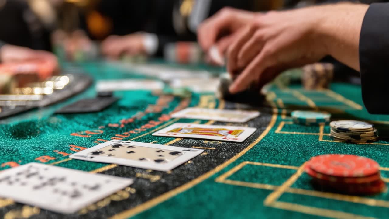 Exciting Moments at a Casino Table: Players Engaged in High-Stakes Card Game with Chips and Playing Cards Spread Across the Green Felt Surface
