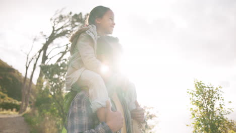 father, girl and outdoor on shoulders for walk