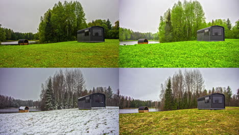 cabina de termomadera y sauna de barril en cuatro estaciones diferentes primavera, verano, otoño e invierno