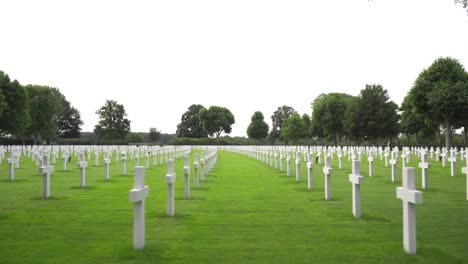 wide tracking shot of rows of white crosses at the netherlands american cemetery and memorial in margraten, holland