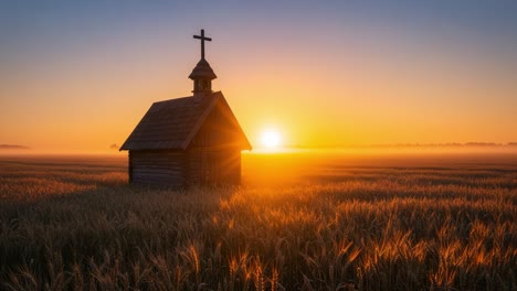 sunrise over tranquil fields: a wooden chapel surrounded by golden wheat under a brightening sky, capturing the essence of morning serenity and nature's splendor