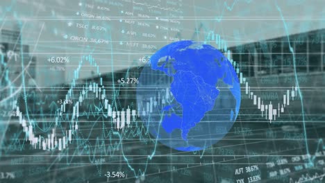 Animation-of-financial-data,-graphs-with-blue-globe-on-digital-interface-against-building