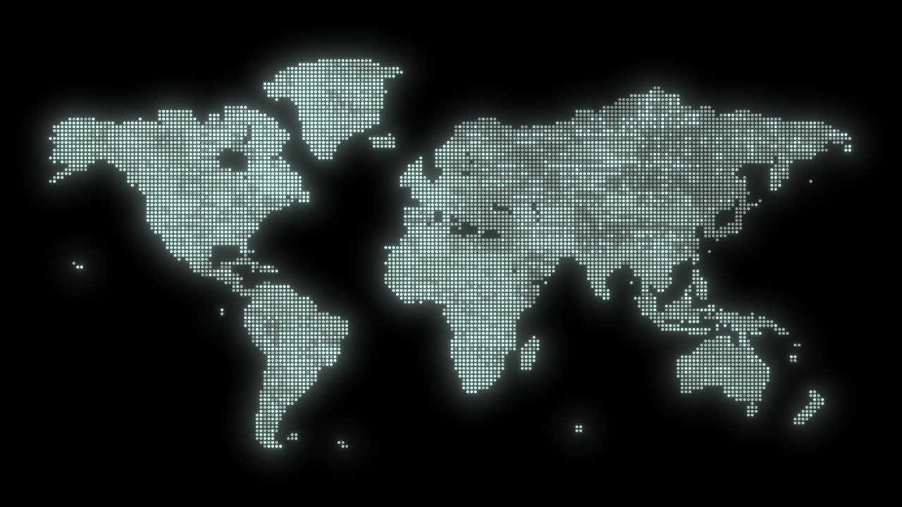 Repeating color offset animation of a monochrome dot matrix world map on a black background.