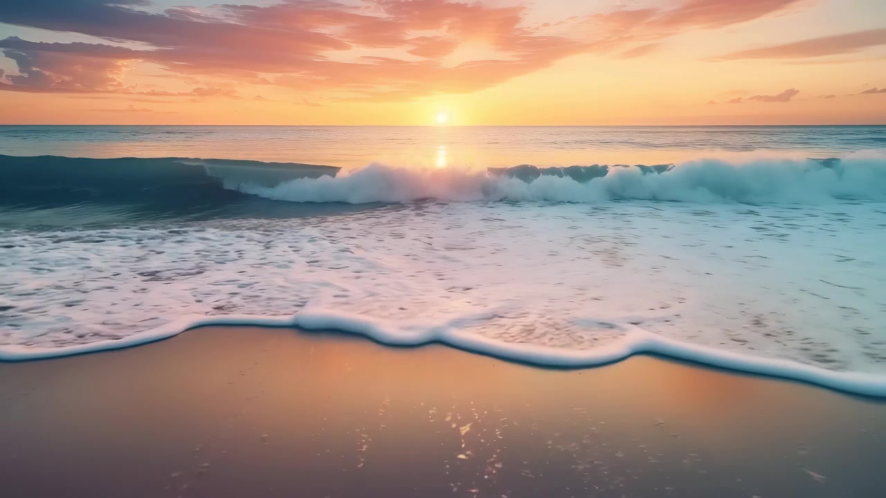 Ocean Waves Rolling onto Sandy Beach at Sunset