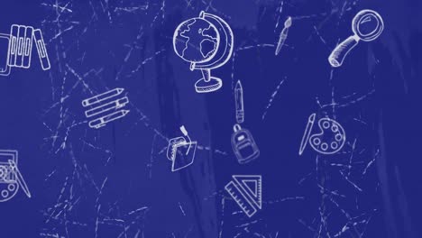 animación de los iconos de los artículos escolares en fondo azul