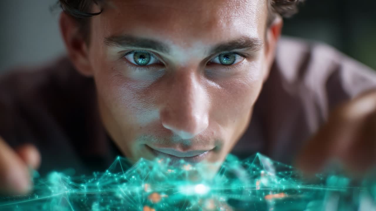 A focused individual intently examines a holographic projection, showcasing advanced technology and innovation, with vibrant green hues illuminating the scene, highlighting the fusion of human intellect and digital creativity