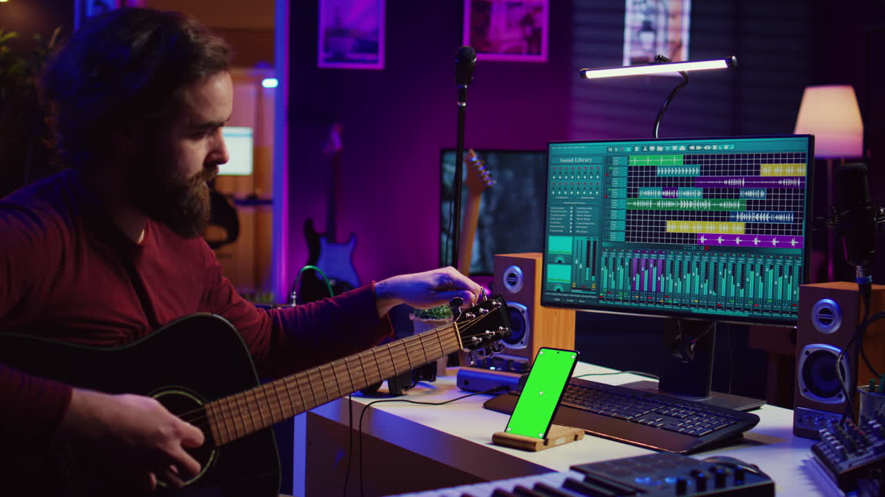 artista aprendiendo a afinar su guitarra acústica con tutorial de aplicación