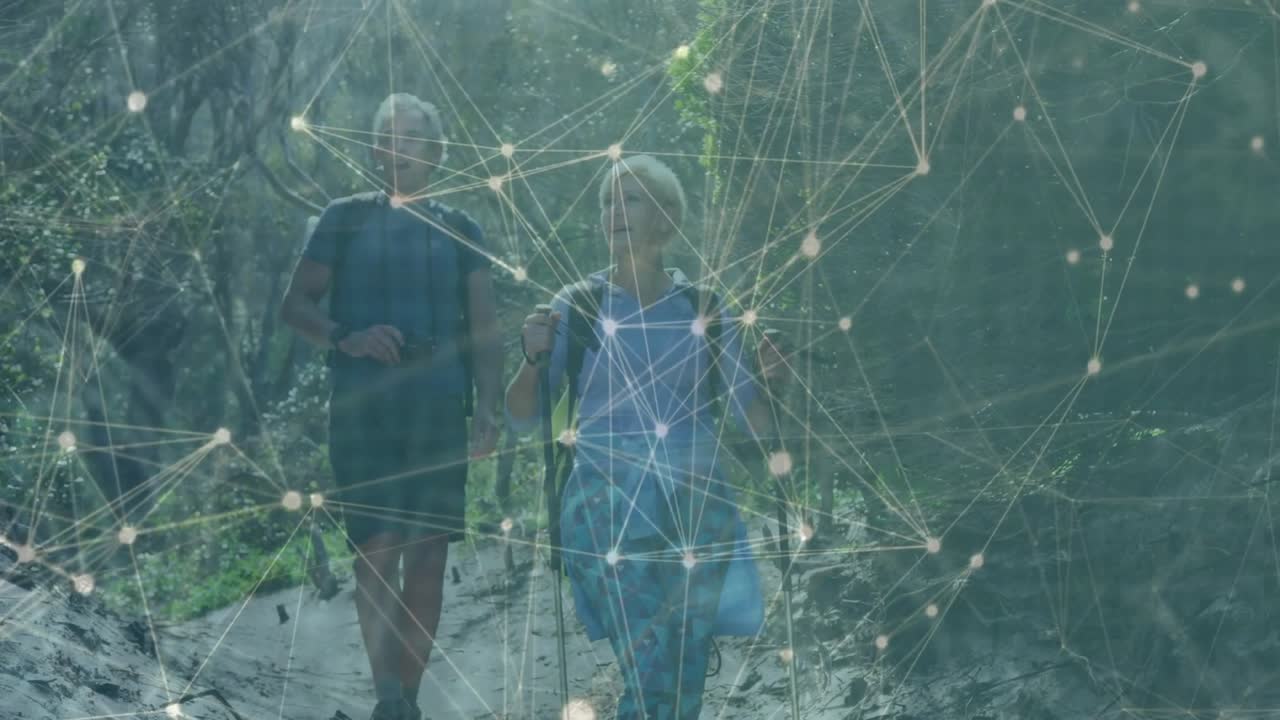 Hiking couple walking forest trail, intensifying network overlay visualizing connectivity data