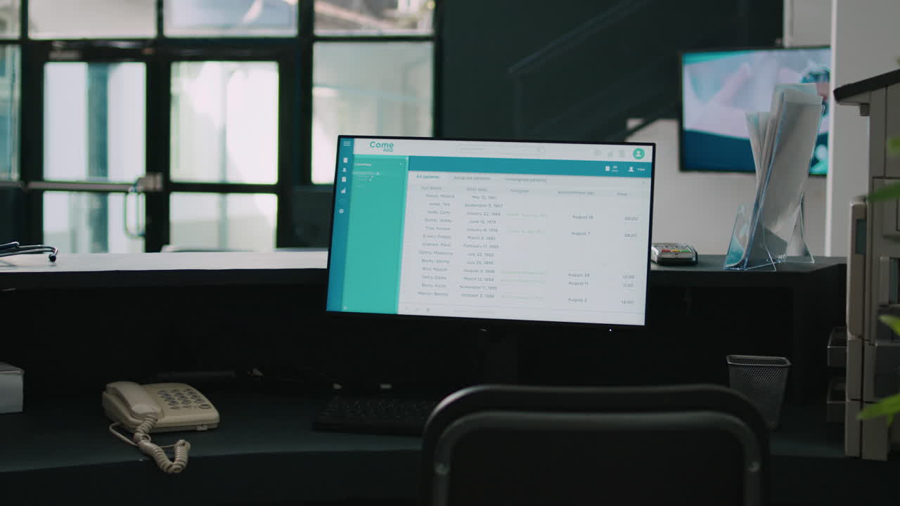 Hospital reception counter with computer showing appointments list