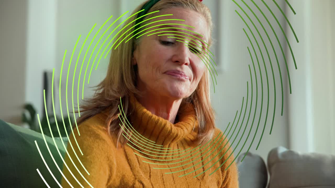 Camera pulling back, green rings sweeping, woman holding mug, savoring aroma to relax for marketing