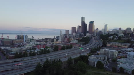 aerial view of downtown seattle at dawn