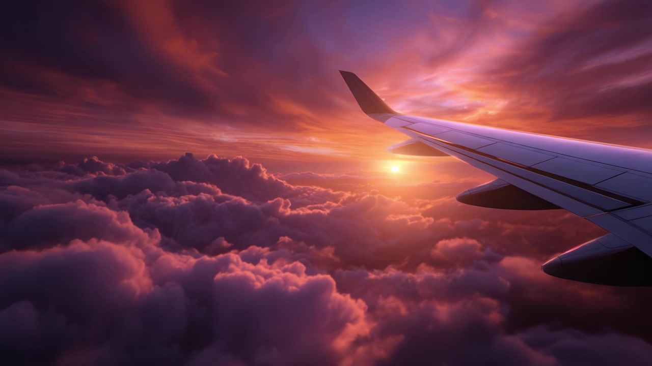 Aerial View of Beautiful Sunset from Airplane Wing Surrounded by Soft Clouds with a Colorful Sky Reflecting Vibrant Hues of Orange, Pink, and Purple