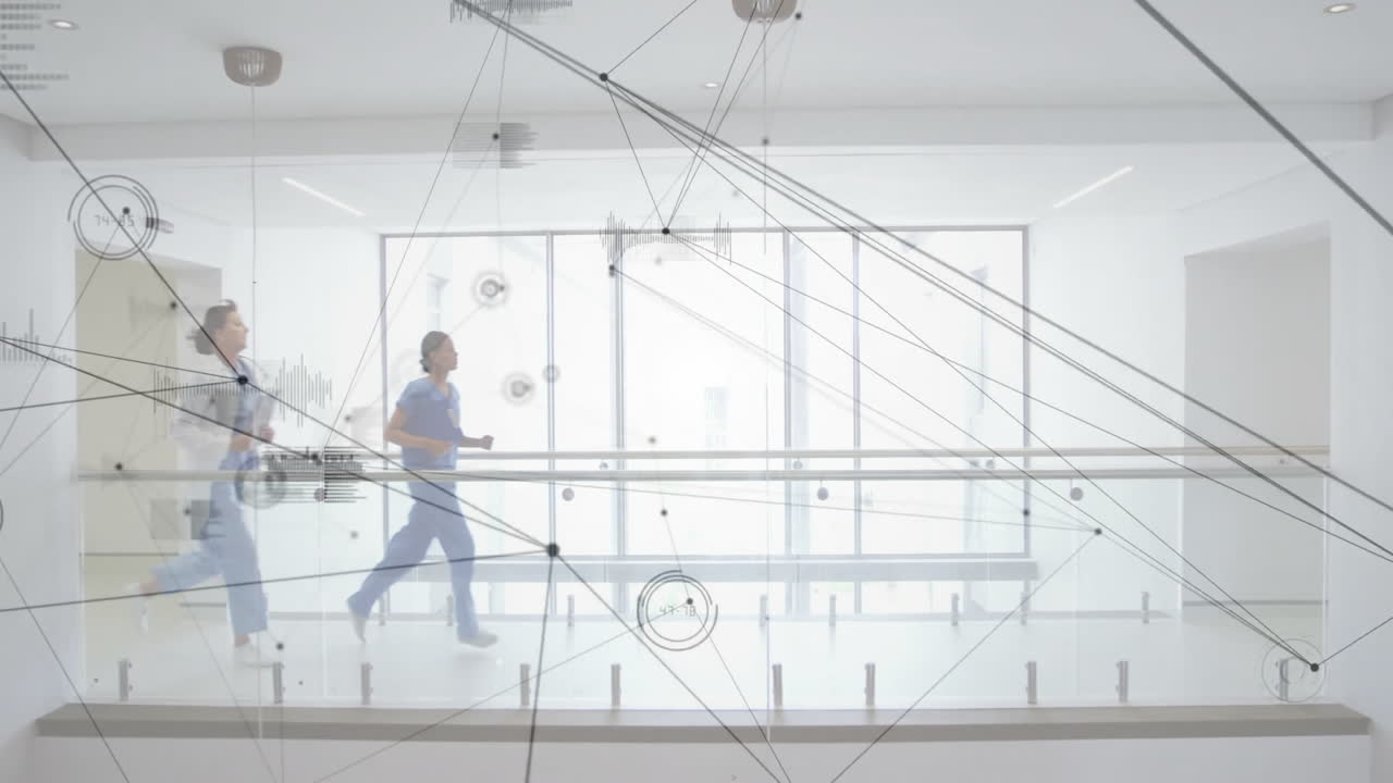 Walking in modern building, people with network connections and data processing animation